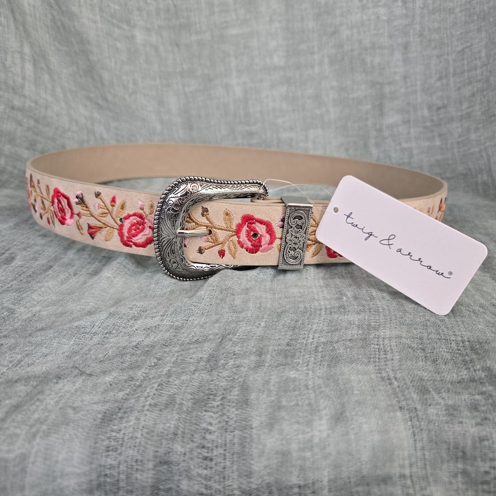 Twig & Arrow Women's Belt Beige w/ Floral Embroidery Pattern Waist 33" - 34"
